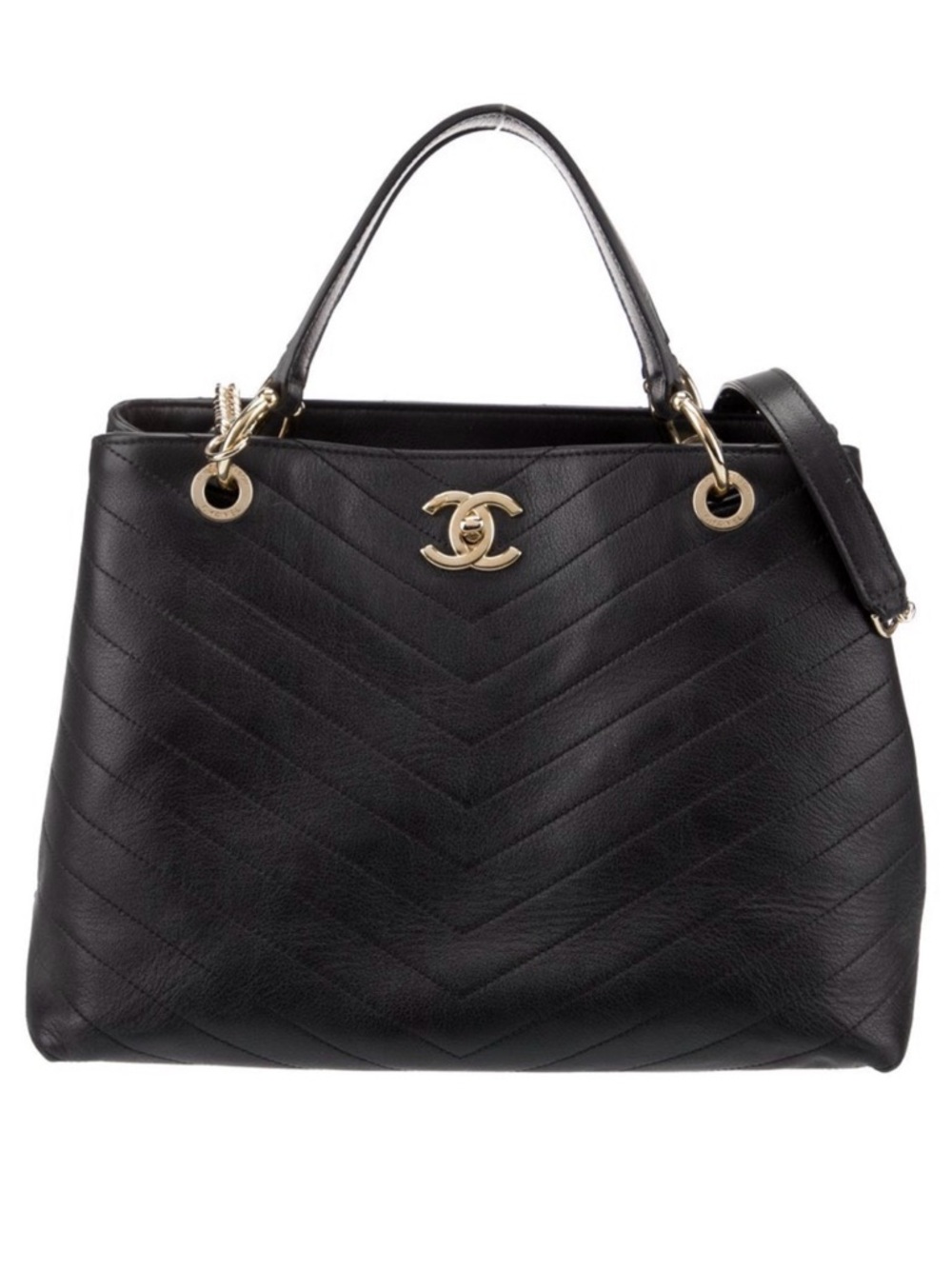 CHANEL Black Chevron Quilted Top-Handle Satchel with Gold Hardware
